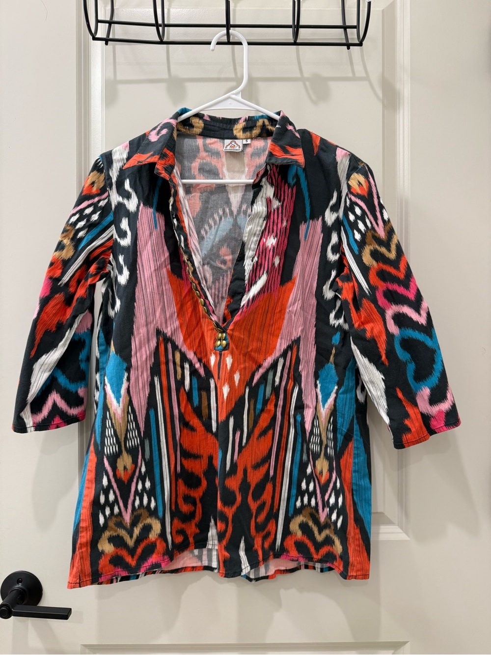 Sheridan French Beaded Ikat Print Tunic V-Neck 3/4 Sleeve Multicolor Boho S